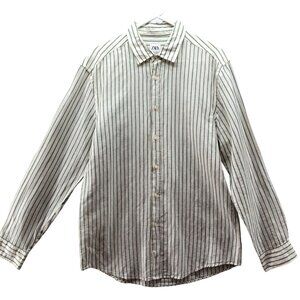 Zara Linen Button Down Shirt Mens L Relaxed Fit Green White Striped Long Sleeve